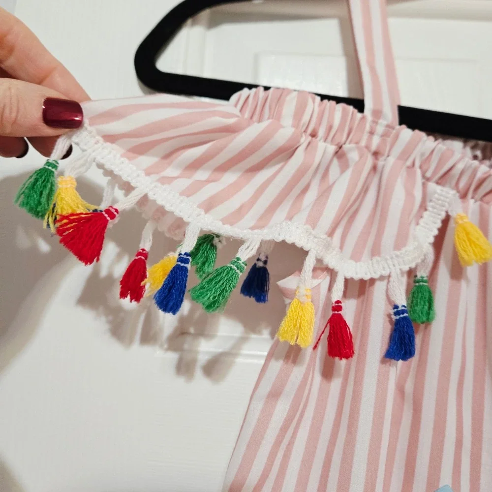 Boutique BMG Kids Girls Pink‎ Stripe Flamingo Tassel Cold Shoulder Dress Size 7Y